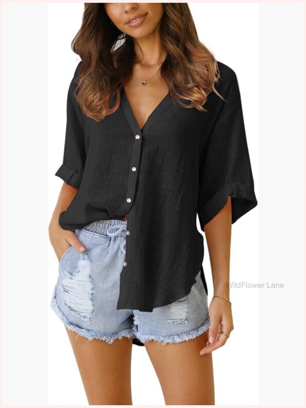 Women's Linen Button Down V Neck Blouse Short Sleeve Roll Cuff Casual Work